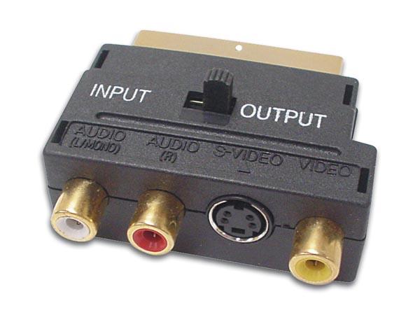 Adaptateur hf-television peritel male / 3 x rca femelle + s-vhs femelle + commutateur in/out contacts dores